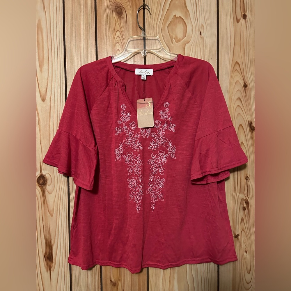 Anneliege New Women’s Top Blouse Pullover 3/4 Sleeve XL V-Neck raspberry Color